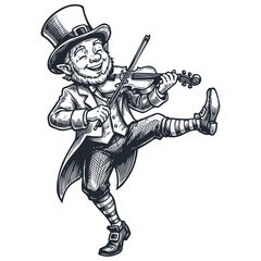 Naklejka premium A joyful leprechaun in a top hat plays the fiddle and dances. St. Patrick's Day mascot. Hand-drawn vector illustration in a vintage engraving style.