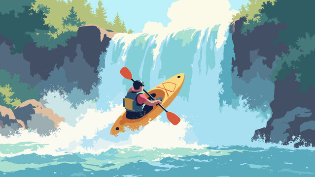 A kayaker plunging over a waterfall. White water stylized as foam shapes. Dynamic pose. Adventure vector