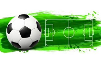 Soccer ball on green field background with white lines isolated on transparent background