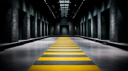 Fototapeta premium Long hallway with yellow and black stripes on the floor. The stripes are in a zigzag pattern