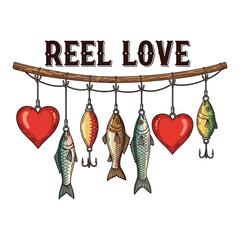 Reel Love Valentine Fishing Illustration with Hearts and Fish Lures