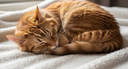 Adorable orange tabby cat curled up and sleeping soundly nestled cozily upon a soft white textured fleece blanket indoors bathed in gentle sunlight.