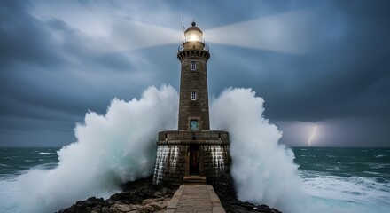 Storm battered stone lighthouse stands resilient against massive crashing ocean waves during a dramatic evening lightning strike over turbulent waters