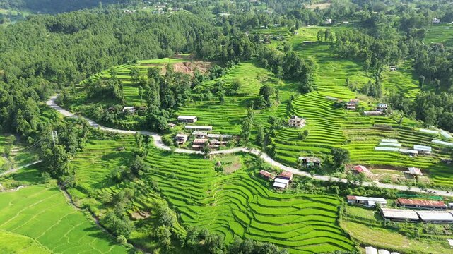 Aerial Drone View of Nuwakot Valley with a Beautiful Road Along Hills and Paddy Fields