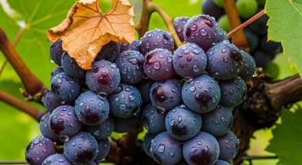Close up focus on a vibrant cluster of ripe dark purple grapes heavily covered in refreshing morning dew drops hanging in the vineyard