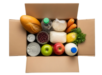 Food donation box with groceries and fresh produce inside isolated on transparent background