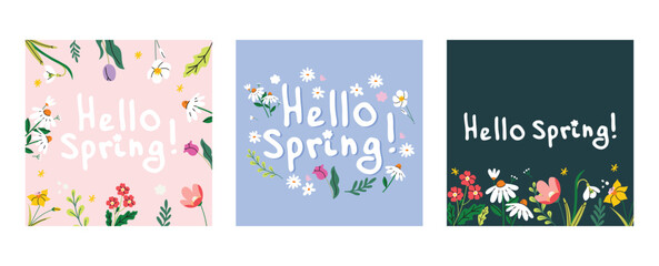 Spring stickers collection. Hello spring quotes.  Floral springtime  greeting card with hand drawn floral decorative elements and lettering. Positive phrases for stickers, postcards or posters. 