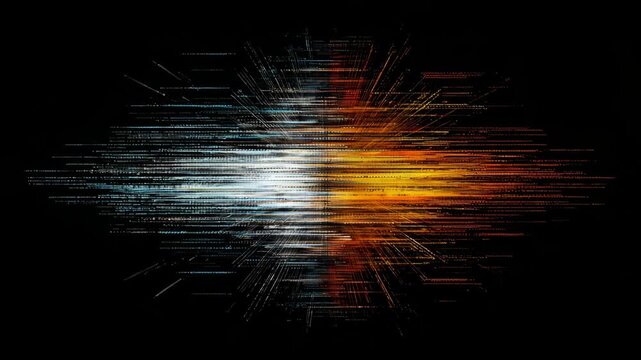 Abstract digital art: symmetrical burst of blue and orange on black