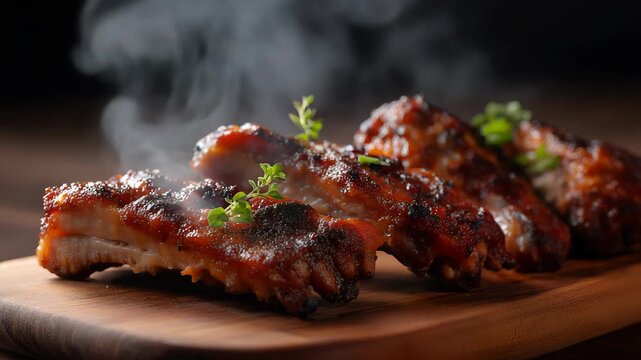 Hot smoked barbecue pork ribs with glossy sauce and steam served on wooden table close up juicy meat texture grilled barbecue ribs in cozy restaurant