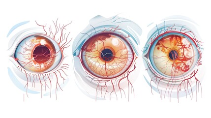 AMD/Low Vision Awareness Month: Medical infographic illustration showing three stages of AMD progression, detailed retinal cross-sections, drusen deposits visualization