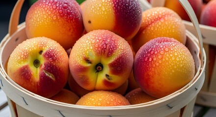 Close up view of freshly harvested nectarines glistening with morning dew drops collected neatly inside a rustic wooden bushel basket