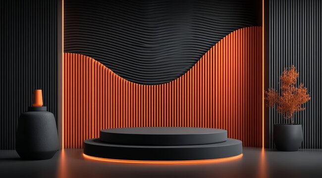 Black and orange room with a black pedestal in the center. The room is lit with orange lights