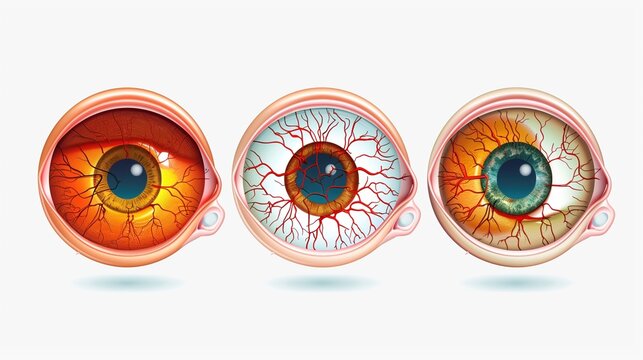 AMD/Low Vision Awareness Month: Medical infographic illustration showing three stages of AMD progression, detailed retinal cross-sections, drusen deposits visualization