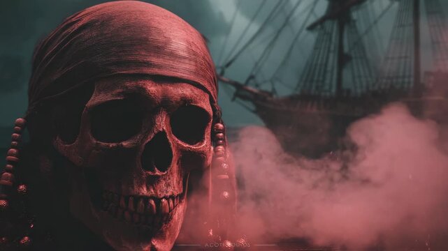 Eerie pirate skull with red glow amidst mist and tall ship in stormy seas