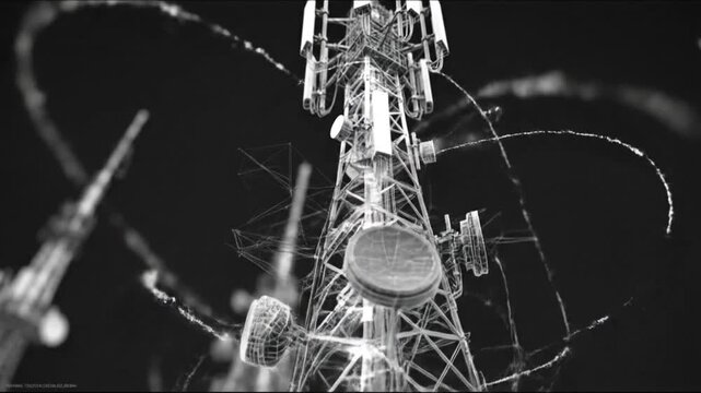 A stark black-and-white view of a lattice telecom tower with circular dish antennas and long cables,