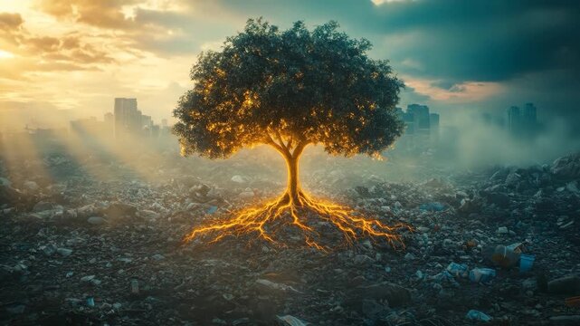 Vibrant tree with glowing roots growing in post apocalyptic city with golden sky and polluted landscape symbolizing urban decay and renewal