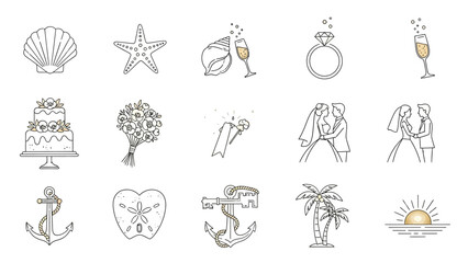 Wedding planning icons set including beach vacation symbols and romantic couple illustrations in line art style for engagement and honeymoon invitations