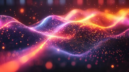 Abstract glowing wave formation of light and particles, gradients of purple, pink, and orange