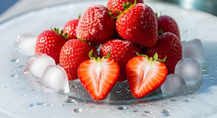 Close up photograph showcases a refreshing pile of ripe red strawberries adorned with glistening ice cubes and glistening water droplets on a clear surface.