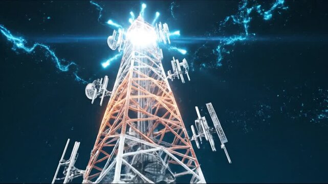 A towering lattice radio mast crackles with electric blue bolts against a starry night sky tonight!!