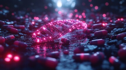 Glowing structure of a cell on a dark, rocky surface with scattered pills and lights