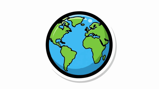 A cartoon depiction of planet Earth, showing continents in green and oceans in blue, with a bold black outline and a light shadow