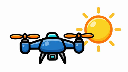 A cartoon drone with orange propellers flies near a bright cartoon sun