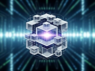 Abstract Futuristic Digital Network of Transparent Cubes with Glowing Purple Pink Core - Data Structure Technology and Complex System Concept
