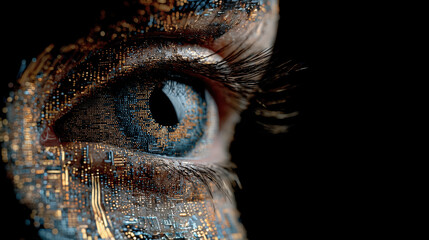 Surreal artistic portrait showing deep blue human eye embedded within textured wooden bark skin looking intense against black background