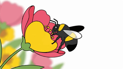 A bumblebee collects nectar from a vibrant pink and yellow flower against a soft, blurred floral background © Perkedel