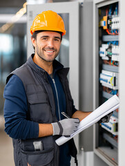 Male electrician is inspecting electrical panel with blueprints in hand, wearing safety gear in a modern industrial environment, emphasizing skilled craftsmanship and safety practices