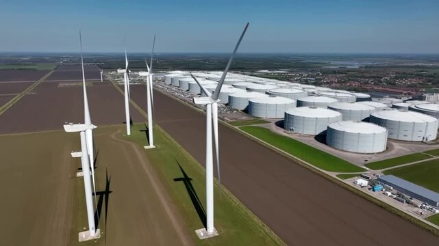 Aerial view of industrial facility with wind turbines and storage tanks near  area