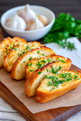 Artisan bread loaf, sliced and garnished with fresh herbs, displayed on a wooden cutting board, highlighting texture and inviting atmosphere in a kitchen