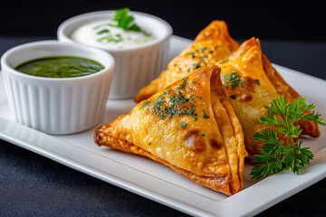 Delicious golden samosas filled with spiced potatoes and peas, garnished with sesame seeds, served with tangy chutney and creamy sauce on a plate with fresh greens