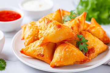 Delicious golden samosas filled with spiced potatoes and peas, garnished with sesame seeds, served with tangy chutney and creamy sauce on a plate with fresh greens