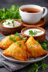 Delicious golden samosas filled with spiced potatoes and peas, garnished with sesame seeds, served with tangy chutney and creamy sauce on a plate with fresh greens