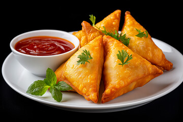 Delicious golden samosas filled with spiced potatoes and peas, garnished with sesame seeds, served with tangy chutney and creamy sauce on a plate with fresh greens
