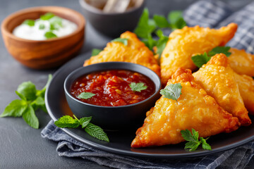 Delicious golden samosas filled with spiced potatoes and peas, garnished with sesame seeds, served with tangy chutney and creamy sauce on a plate with fresh greens
