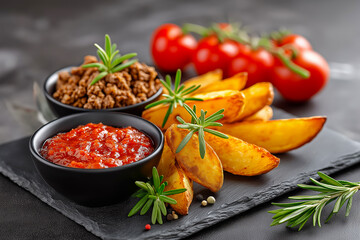 Hearty meal featuring crispy potato wedges, seasoned ground beef, fresh arugula, and vibrant tomato sauce, highlighting appetizing textures and flavors in a delightful presentation