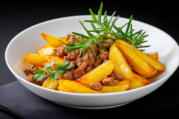 Hearty meal featuring crispy potato wedges, seasoned ground beef, fresh arugula, and vibrant tomato sauce, highlighting appetizing textures and flavors in a delightful presentation