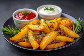Hearty meal featuring crispy potato wedges, seasoned ground beef, fresh arugula, and vibrant tomato sauce, highlighting appetizing textures and flavors in a delightful presentation