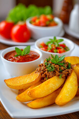 Hearty meal featuring crispy potato wedges, seasoned ground beef, fresh arugula, and vibrant tomato sauce, highlighting appetizing textures and flavors in a delightful presentation