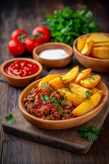 Hearty meal featuring crispy potato wedges, seasoned ground beef, fresh arugula, and vibrant tomato sauce, highlighting appetizing textures and flavors in a delightful presentation