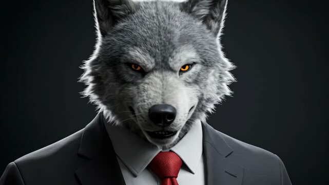 Anthropomorphic wolf in a suit turns his head, serious animation of a beast in formal business attire for conceptual character design.