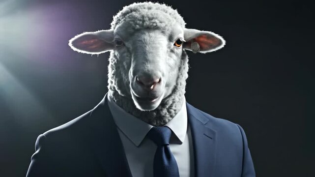 Video transition sequence of a humanoid sheep in a business suit with varying expressions. Corporate identity concept, disguise theme.