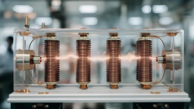 A close-up of electromagnetic coils glowing with copper warmth inside a transparent casing, electric currents pulsing rhythmically as engineers run high-voltage tests &mdash; industrial electromagnetism,