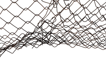 The texture of the metal mesh on a white background. Torn steel, metal mesh with holes