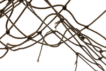 Torn Football or tennis net. Rope mesh on a white background close-up