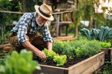 Elderly Gardener Tending Lush Vegetable Patch in Rustic Outdoor Setting.