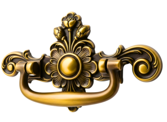 Ornate gold drawer handle with floral design isolated on transparent background